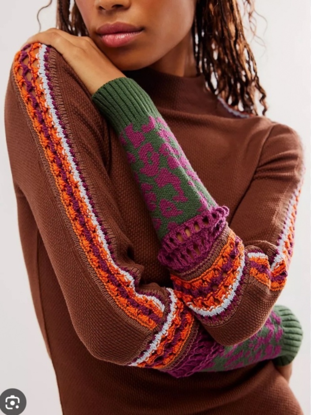 NEW Free People Top Switch It Up Thermal Brown Mock Neck Stretch Crochet Detail